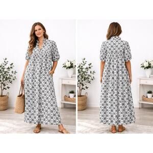 Never a Wallflower Midi Dress Womens XL High Neck Ruffle Embroidered Black White